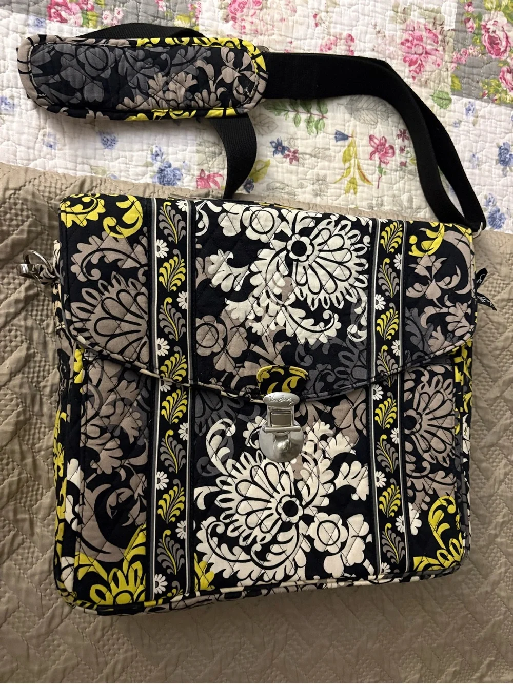 Vera Bradley Quilted Floral Messenger Bag - Black & Yellow
